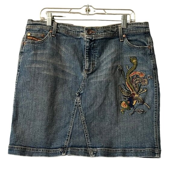 Lee Jeans Lee 1889 Blue Denim Embroidered Peacock Mini Skirt Size 17M Western - Picture 1 of 12